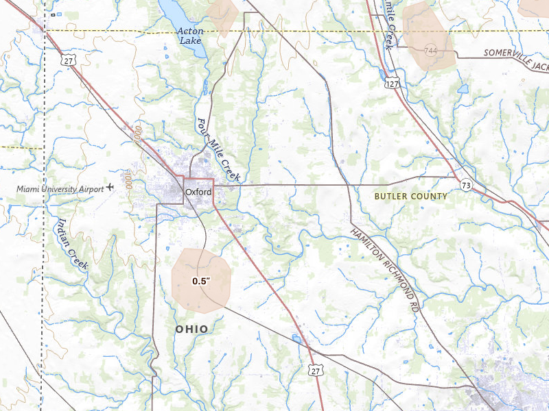Radar-estimated hail-size map of the storm over Oxford, OH on Aug 11, 2026