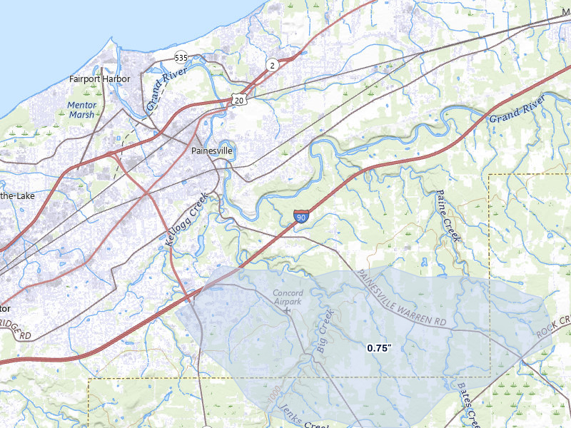 NEXRAD radar-signature map of the hail over Painesville, OH