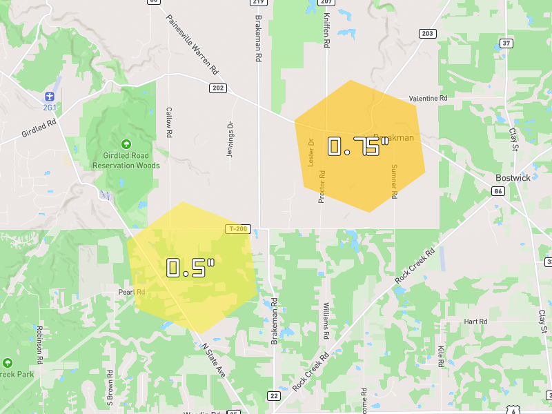 Hail map of Painesville, OH on Jul 21, 2026, hail up to 0.75"