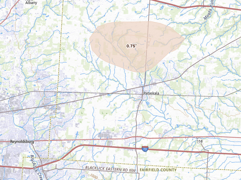 Radar-estimated hail-size map of the storm over Pataskala, OH on Apr 22, 2026