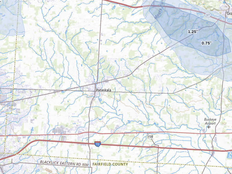 NEXRAD radar-signature map of the hail storm over Pataskala, OH on Aug 8, 2026