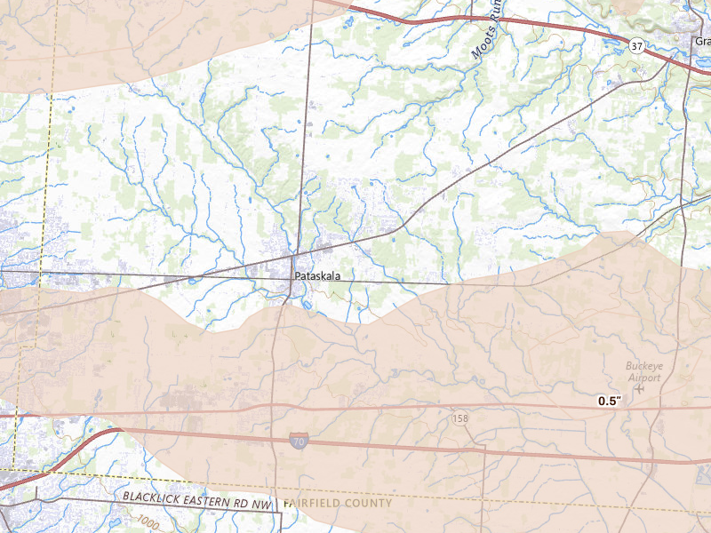 Radar-estimated hail-size map of the storm over Pataskala, OH on Aug 10, 2026