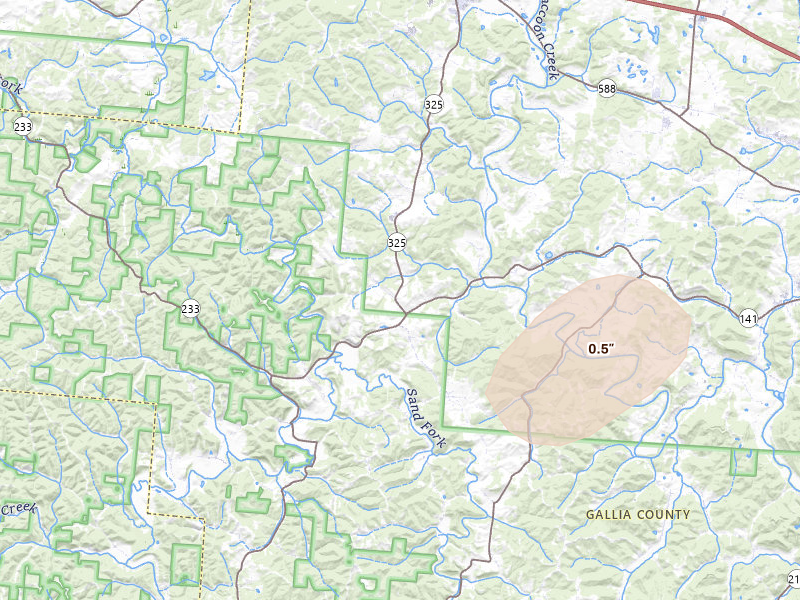 Radar-estimated hail-size map of the storm over Patriot, OH on May 27, 2026