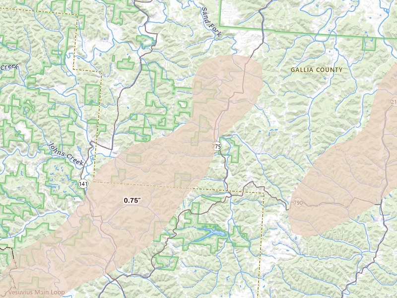 Radar-estimated hail-size map of the storm over Patriot, OH on Aug 7, 2026