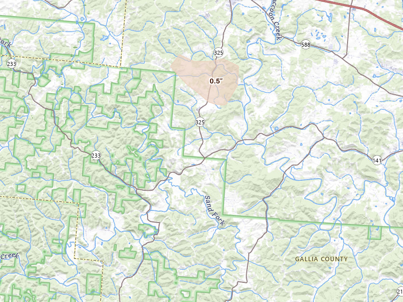 Radar-estimated hail-size map of the storm over Patriot, OH on Aug 8, 2026