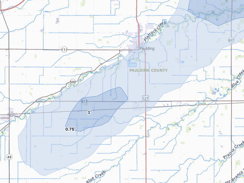 NEXRAD radar-signature map of the hail over Paulding, OH
