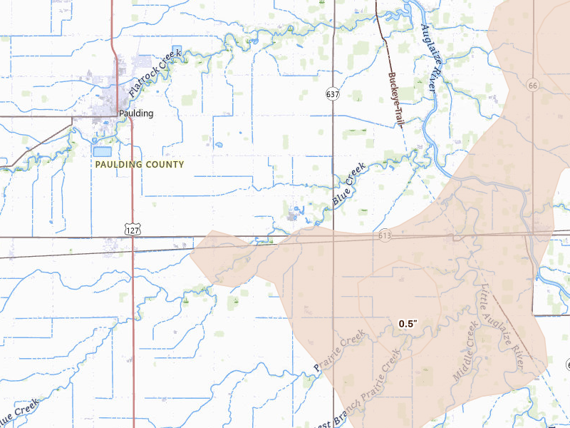 Radar-estimated hail-size map of the storm over Paulding, OH on Aug 10, 2026