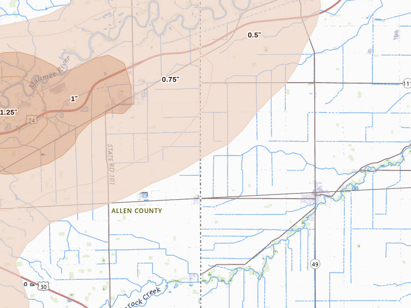 Radar-estimated hail-size map of the storm over Payne, OH on Aug 9, 2026