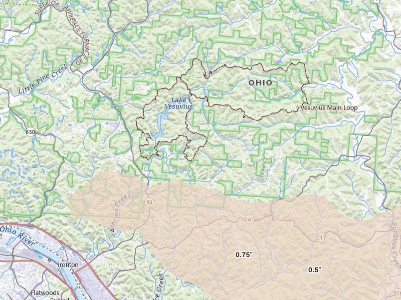 Radar-estimated hail-size map of the storm over Pedro, OH on Jul 21, 2026