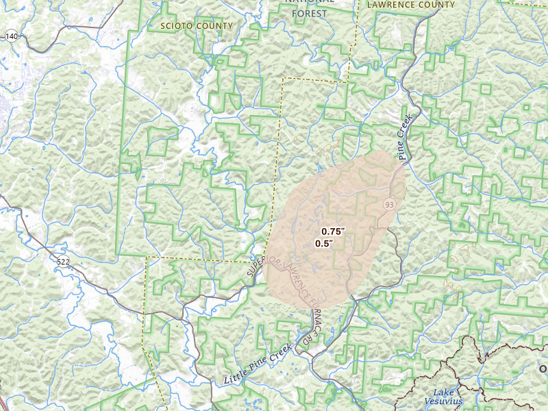 Radar-estimated hail-size map of the storm over Pedro, OH on Aug 7, 2026