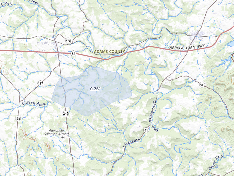 NEXRAD radar-signature map of the hail storm over Peebles, OH on Jul 27, 2026