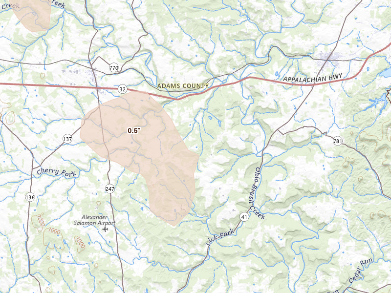 Radar-estimated hail-size map of the storm over Peebles, OH on Aug 11, 2026