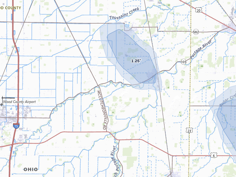 NEXRAD radar-signature map of the hail storm over Pemberville, OH on Jul 10, 2026