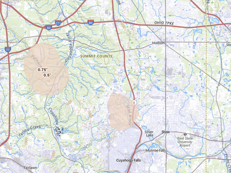 Radar-estimated hail-size map of the storm over Peninsula, OH on Jul 18, 2026