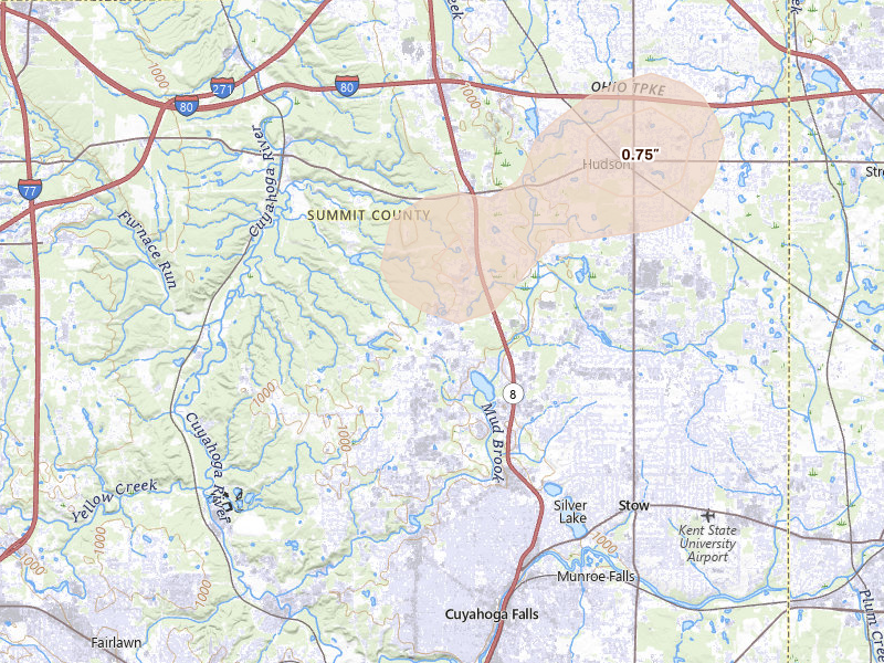 Radar-estimated hail-size map of the storm over Peninsula, OH on Aug 22, 2026