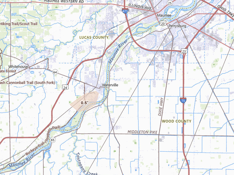 Radar-estimated hail-size map of the storm over Perrysburg, OH on Apr 13, 2026