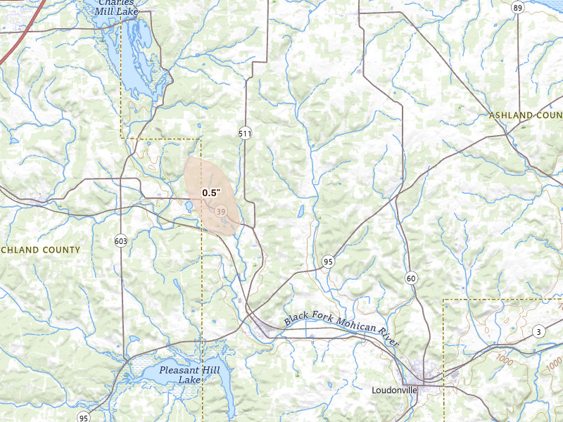 Radar-estimated hail-size map of the storm over Perrysville, OH on Jul 3, 2026