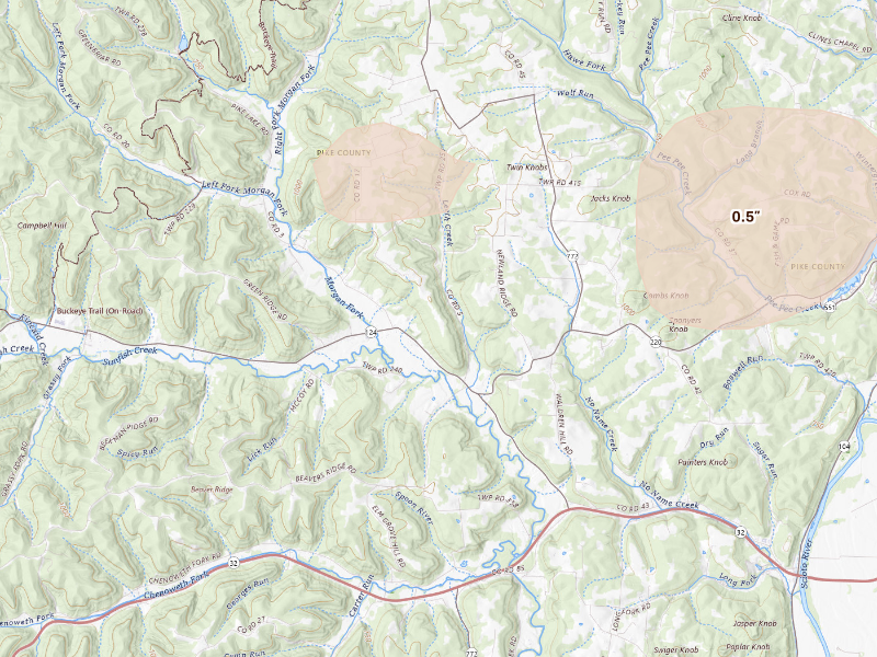 Radar-estimated hail-size map of the storm over Piketon, OH
