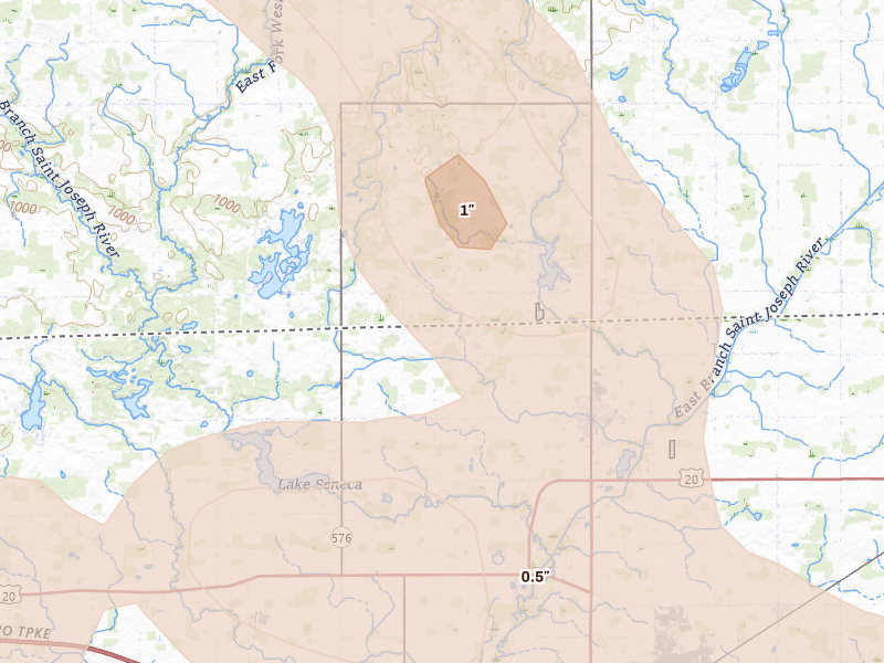 Radar-estimated hail-size map of the storm over Pioneer, OH on Sep 4, 2026
