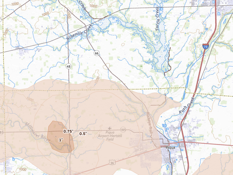 Radar-estimated hail-size map of the storm over Piqua, OH on Mar 22, 2026