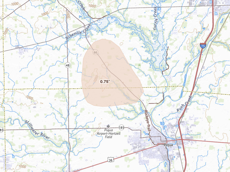 Radar-estimated hail-size map of the storm over Piqua, OH on Jul 10, 2026