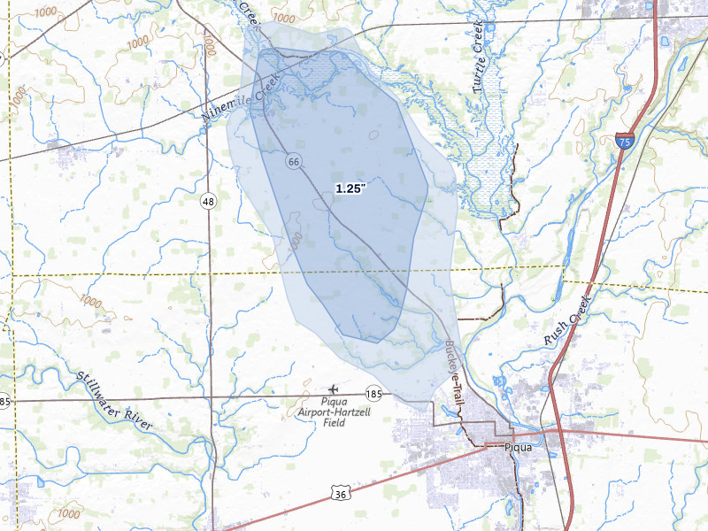 NEXRAD radar-signature map of the hail storm over Piqua, OH on Jul 10, 2026