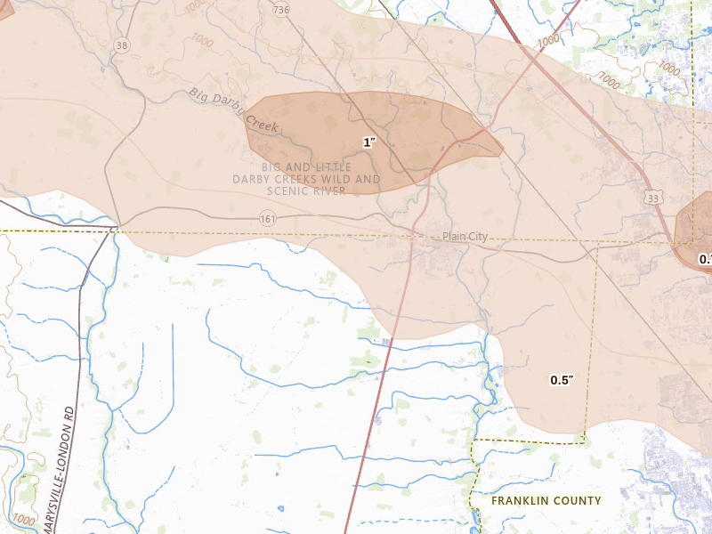 Radar-estimated hail-size map of the storm over Plain City, OH on Mar 22, 2026