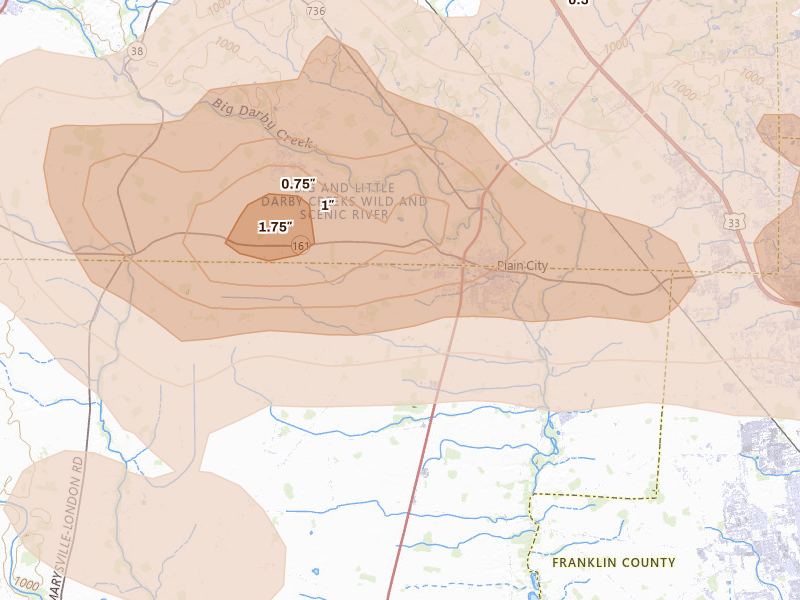 Radar-estimated hail-size map of the storm over Plain City, OH on Jun 6, 2026
