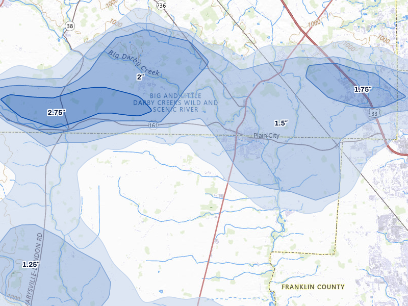 NEXRAD radar-signature map of the hail storm over Plain City, OH on Jun 6, 2026