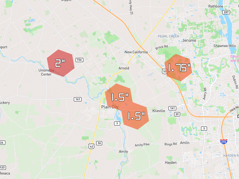 Hail map of Plain City, OH on Jun 6, 2026, hail up to 2"