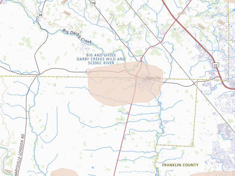 Radar-estimated hail-size map of the storm over Plain City, OH on Aug 10, 2026