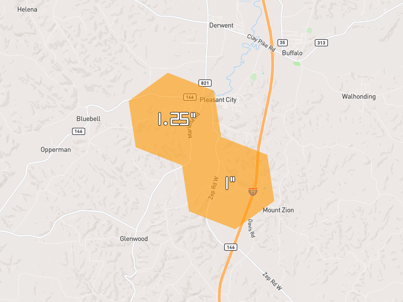 Hail map of Pleasant City, OH on Jun 6, 2026, hail up to 1.25"