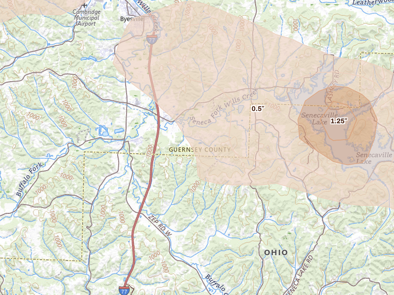 Radar-estimated hail-size map of the storm over Pleasant City, OH on Jun 25, 2026