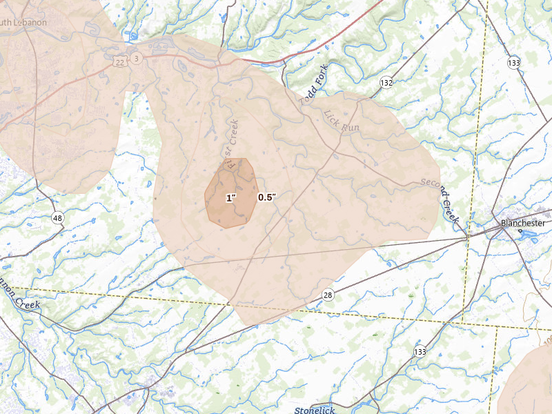 Radar-estimated hail-size map of the storm over Pleasant Plain, OH on Aug 11, 2026