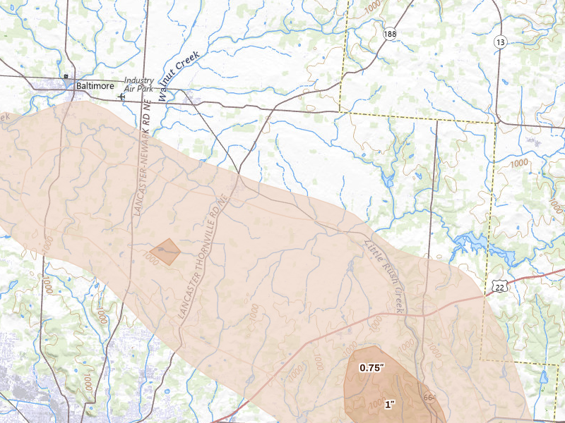 Radar-estimated hail-size map of the storm over Pleasantville, OH on Jun 6, 2026