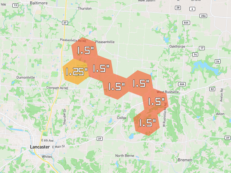 Hail map of Pleasantville, OH on Jun 6, 2026, hail up to 1.5"