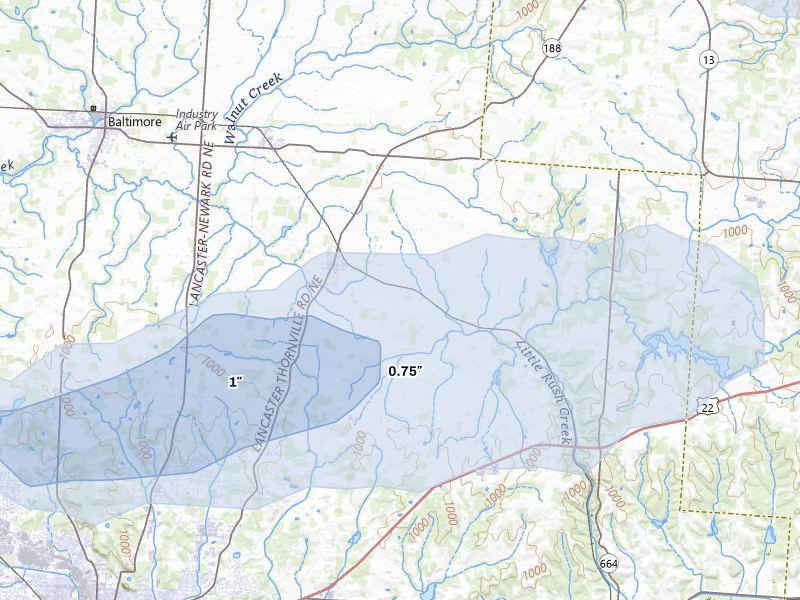 NEXRAD radar-signature map of the hail over Pleasantville, OH