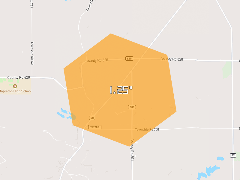 Hail map of Polk, OH on Jun 6, 2026, hail up to 1.25"