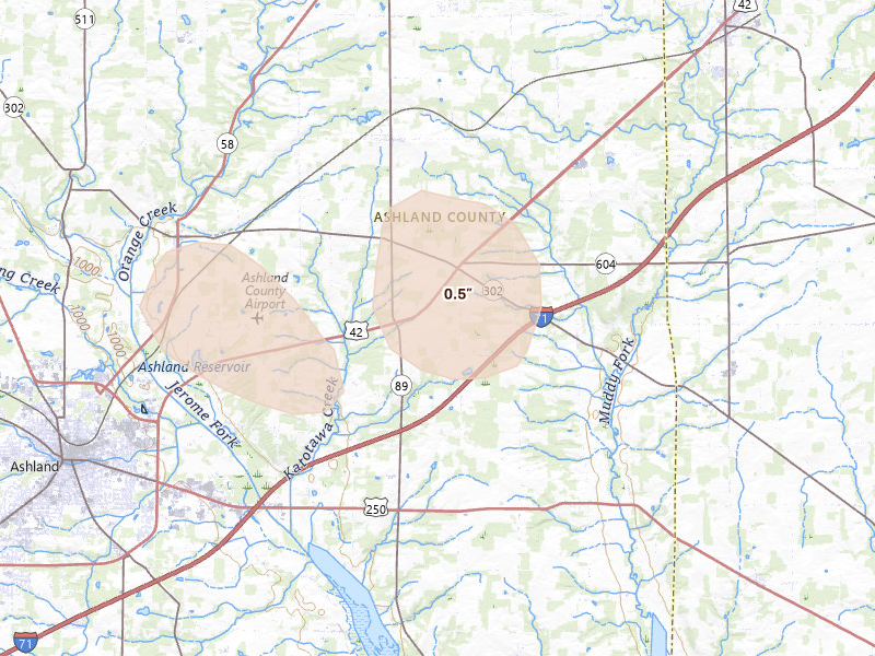 Radar-estimated hail-size map of the storm over Polk, OH on Aug 10, 2026
