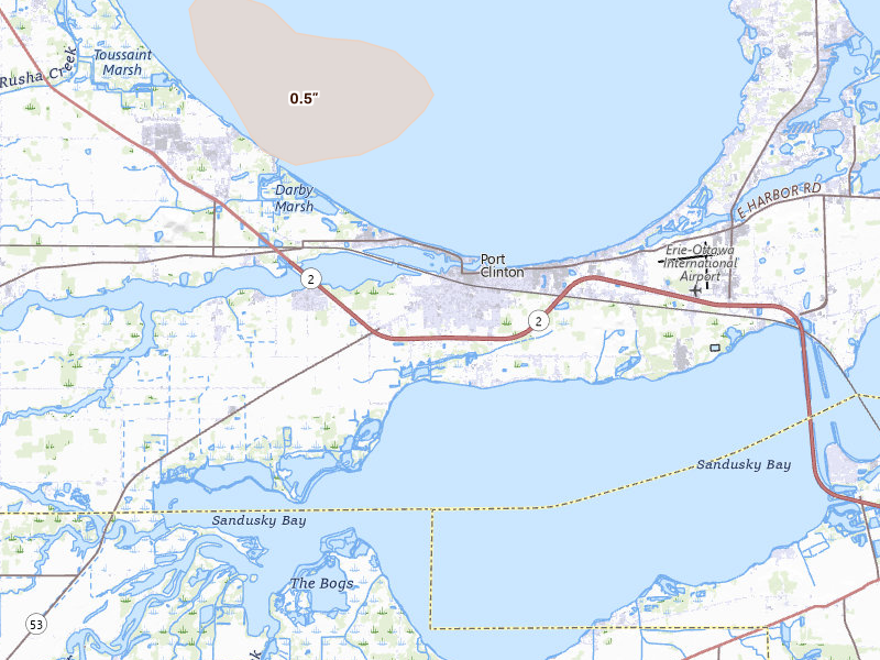 Radar-estimated hail-size map of the storm over Port Clinton, OH on Mar 26, 2026