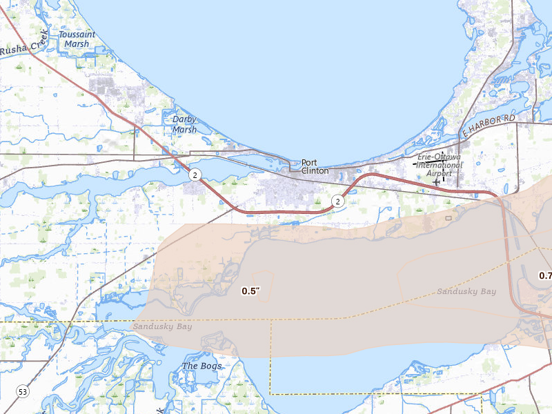 Radar-estimated hail-size map of the storm over Port Clinton, OH on Jul 20, 2026