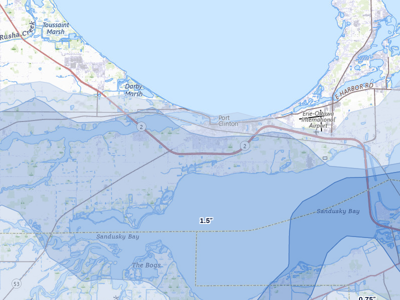 NEXRAD radar-signature map of the hail storm over Port Clinton, OH on Jul 20, 2026