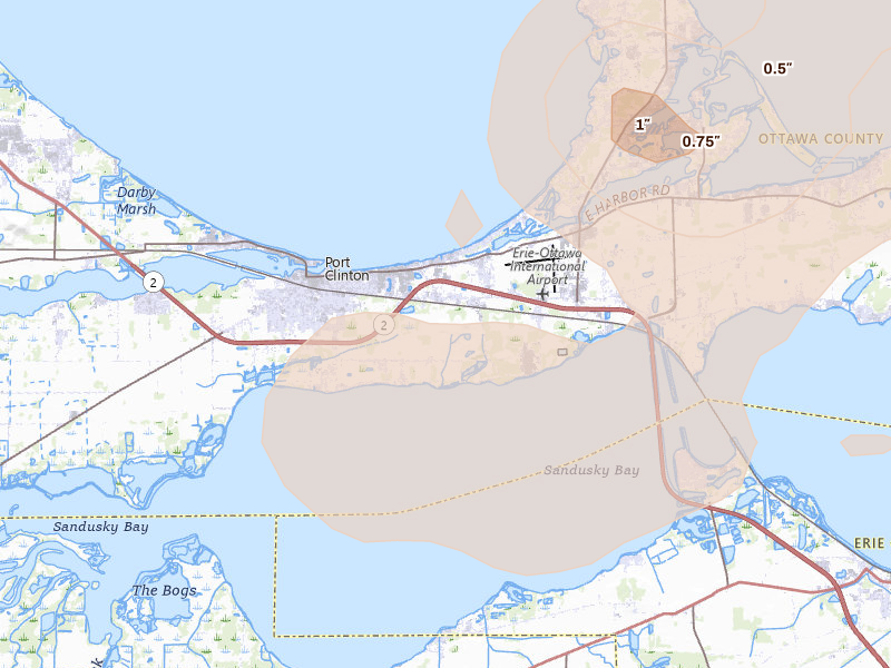 Radar-estimated hail-size map of the storm over Port Clinton, OH on Aug 10, 2026