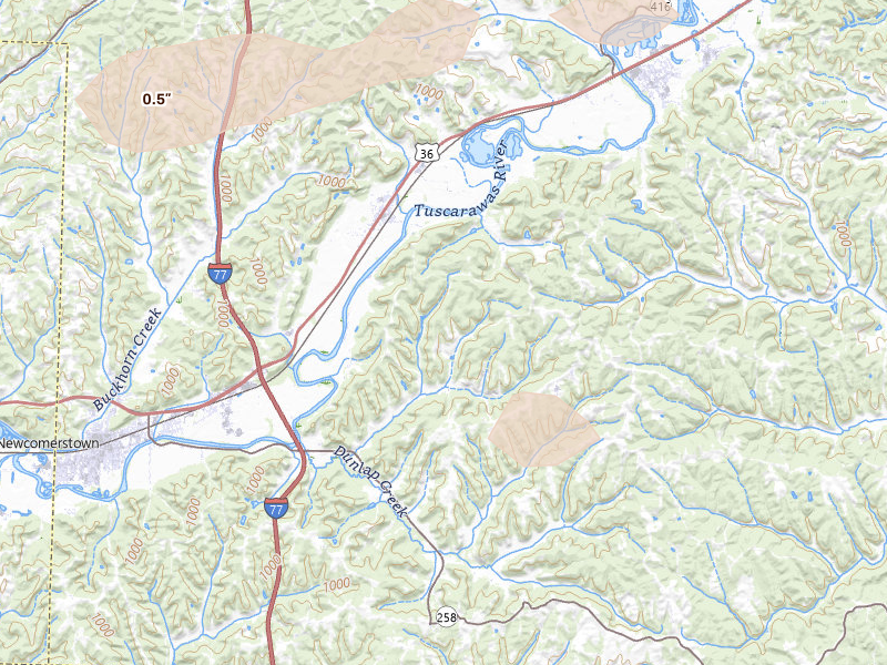 Radar-estimated hail-size map of the storm over Port Washington, OH on Jun 6, 2026