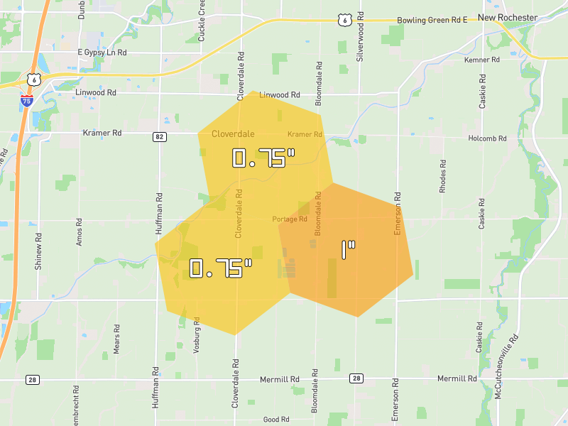 Hail map of Portage, OH on Jul 3, 2026, hail up to 1"