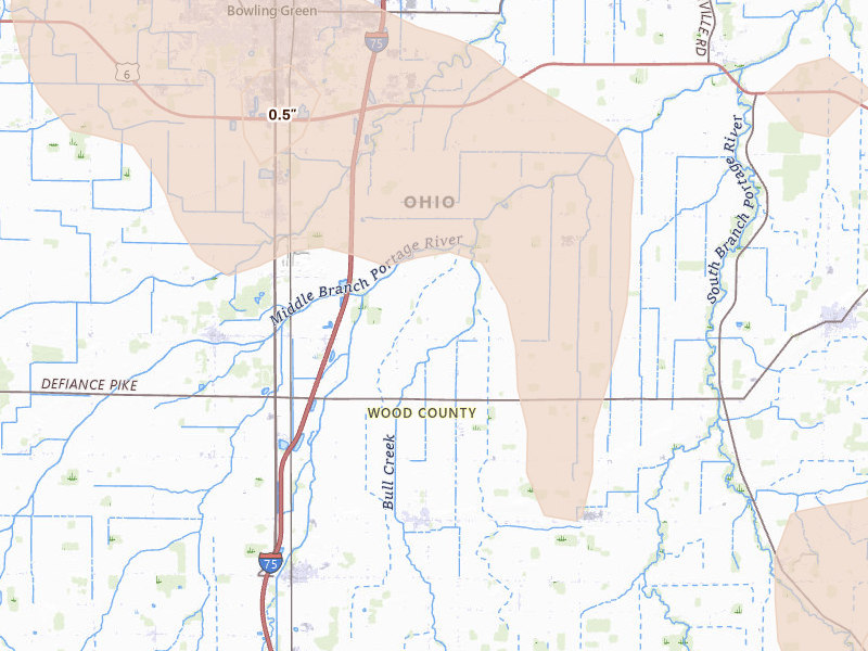 Radar-estimated hail-size map of the storm over Portage, OH on Aug 10, 2026