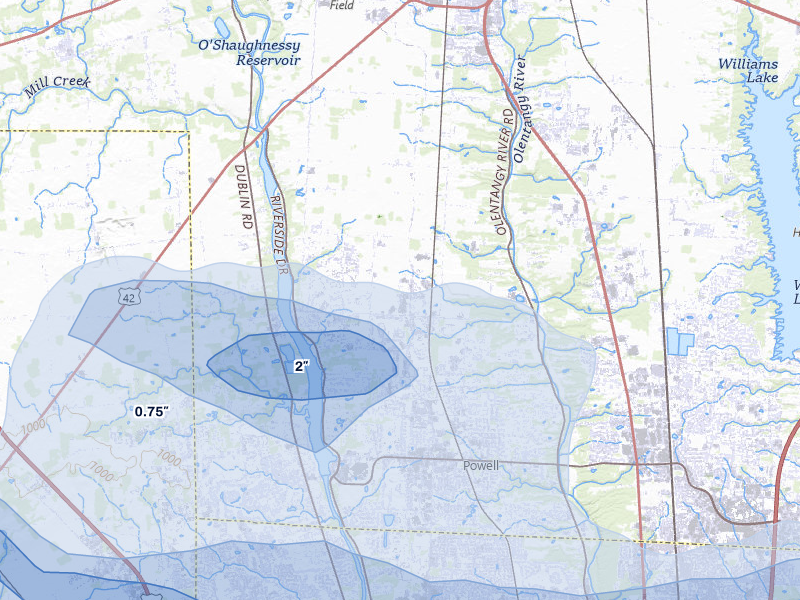 NEXRAD radar-signature map of the hail storm over Powell, OH on Mar 22, 2026