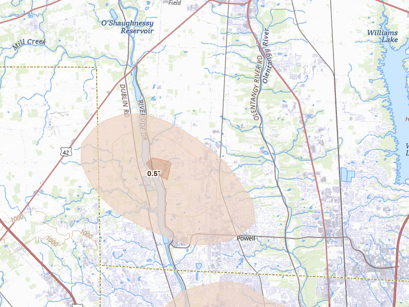 Radar-estimated hail-size map of the storm over Powell, OH on Apr 22, 2026
