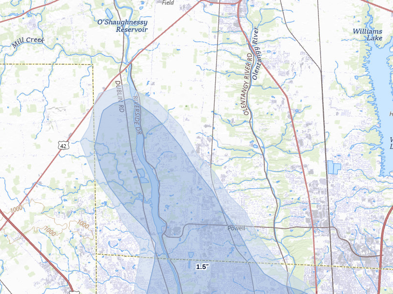 NEXRAD radar-signature map of the hail storm over Powell, OH on Apr 22, 2026