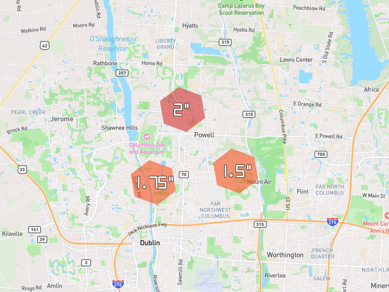 Hail map of Powell, OH on Jun 6, 2026, hail up to 2"